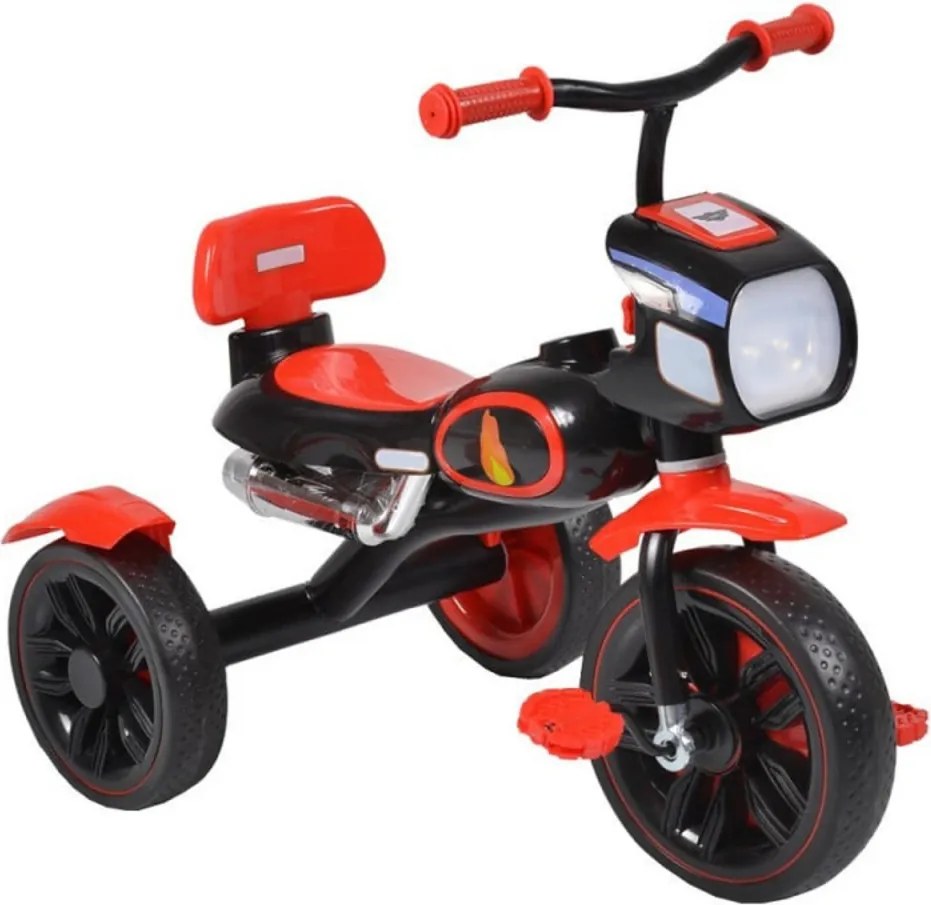 Tricicleta cu pedale NOVOKIDS™ Eagle Trike , Cu melodii si lumini, Carena, Max 25 kg, Roti din cauciuc EVA, Cadru metalic, Far luminos, Rosu