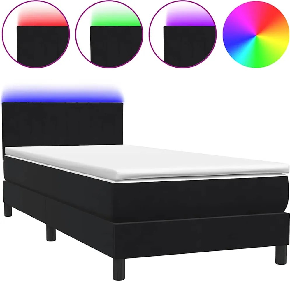 vidaXL Pat cu arcuri cu saltea și LED, negru, 90x210 cm, catifea