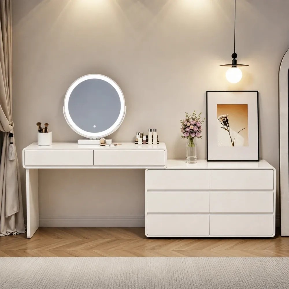 RESIGILAT- Set AUDREY ELEGANCE – Masă de Toaletă pentru Machiaj cu Oglindă iluminată LED, Control Touch, Comodă, Scaun, Alb