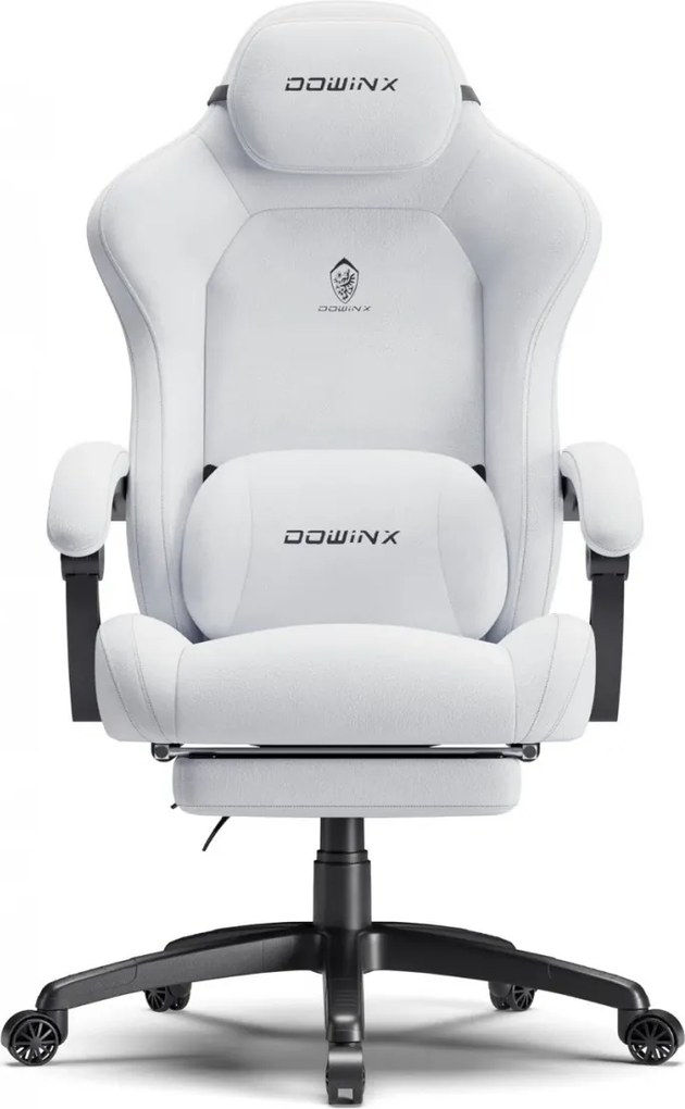 DOWINX – Scaun Gaming, Suport Lombar cu Masaj, Șezut cu Arcuri Metalice și Spumă, Rabatabil 90°-160°, Suport picioare, Rezistent 160 kg, Alb