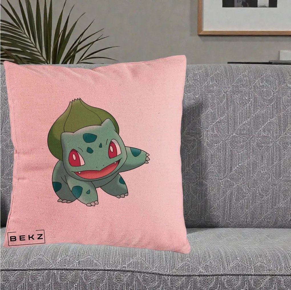 Perna Personalizata Bulbasaur Pokemon, 40x40 cm, Roz, Husa Detasabila, Perna Inclusa, BEKZ®