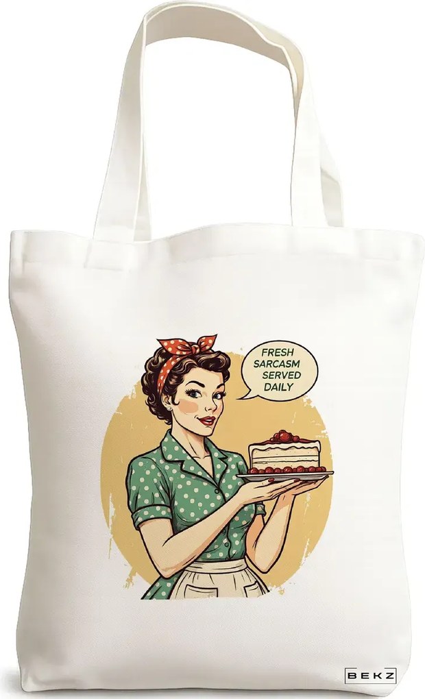 Sacosa de Panza pentru Cumparaturi, Geanta Tote, model Fresh sarcasm served daily 38 x 34.5 cm, Alba, BEKZ®