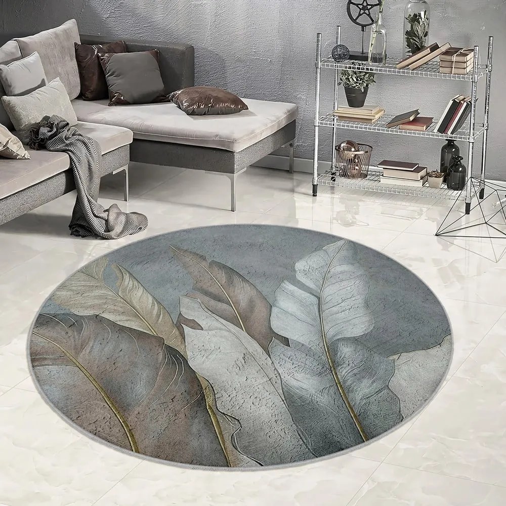 Covor verde/gri lavabil rotund ø 150 cm Dusty Leaves – Mila Home