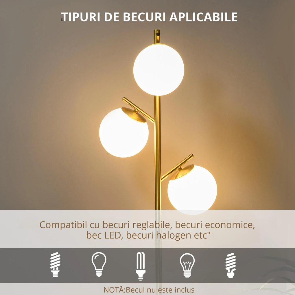 Homcom Lampă de Podea Modernă cu 3 Lumini, Design din Oțel și Sticlă, Ø27x169cm, Finisaj Auriu și Abajur Alb, pentru Interior | Aosom Romania