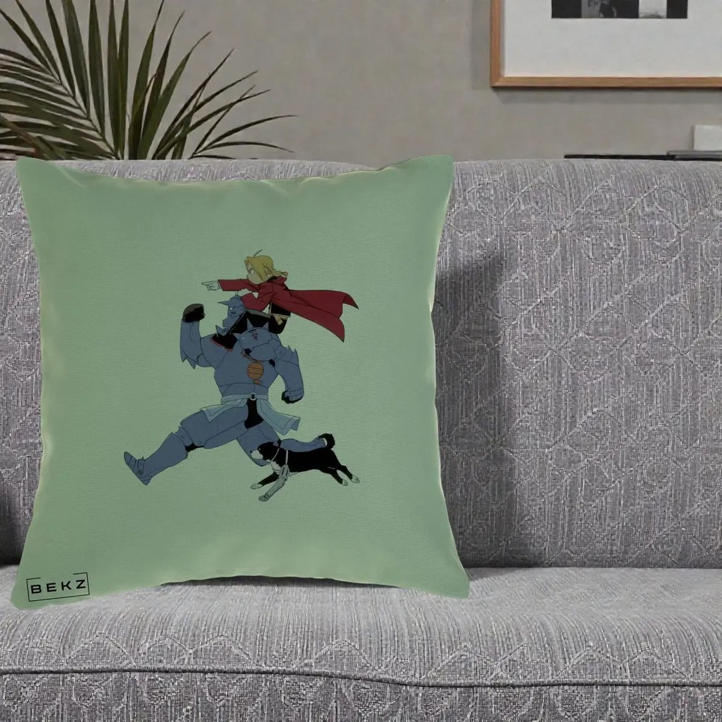 Perna Personalizata Fullmetal Alchemist Edward si Alphonse, 40x40 cm, Verde, Husa Detasabila, Perna Inclusa, BEKZ®