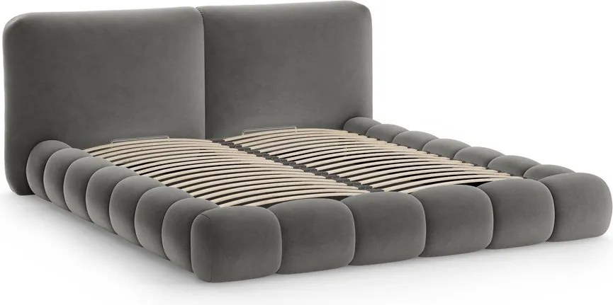 Pat matrimonial gri închis tapițat cu spațiu de depozitare cu somieră 200x200 cm Solange – Micadoni