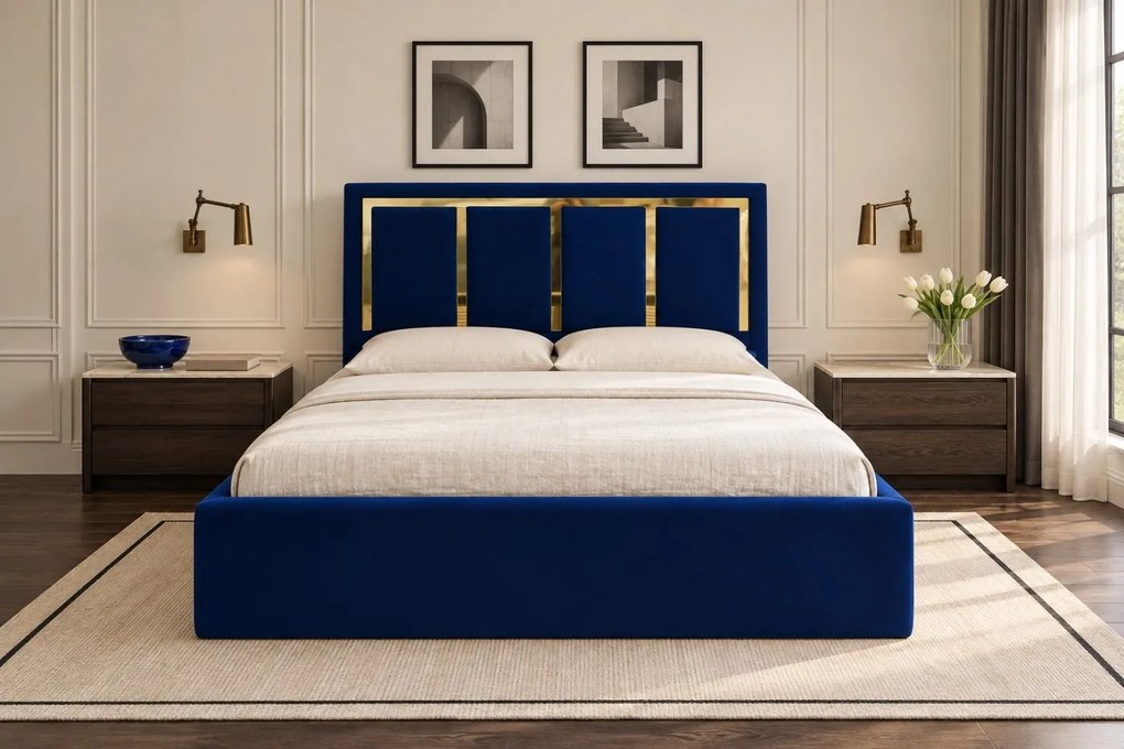Pat tapițat din catifea Nivora 140×200 cm, bleumarin, cu ladă de depozitare