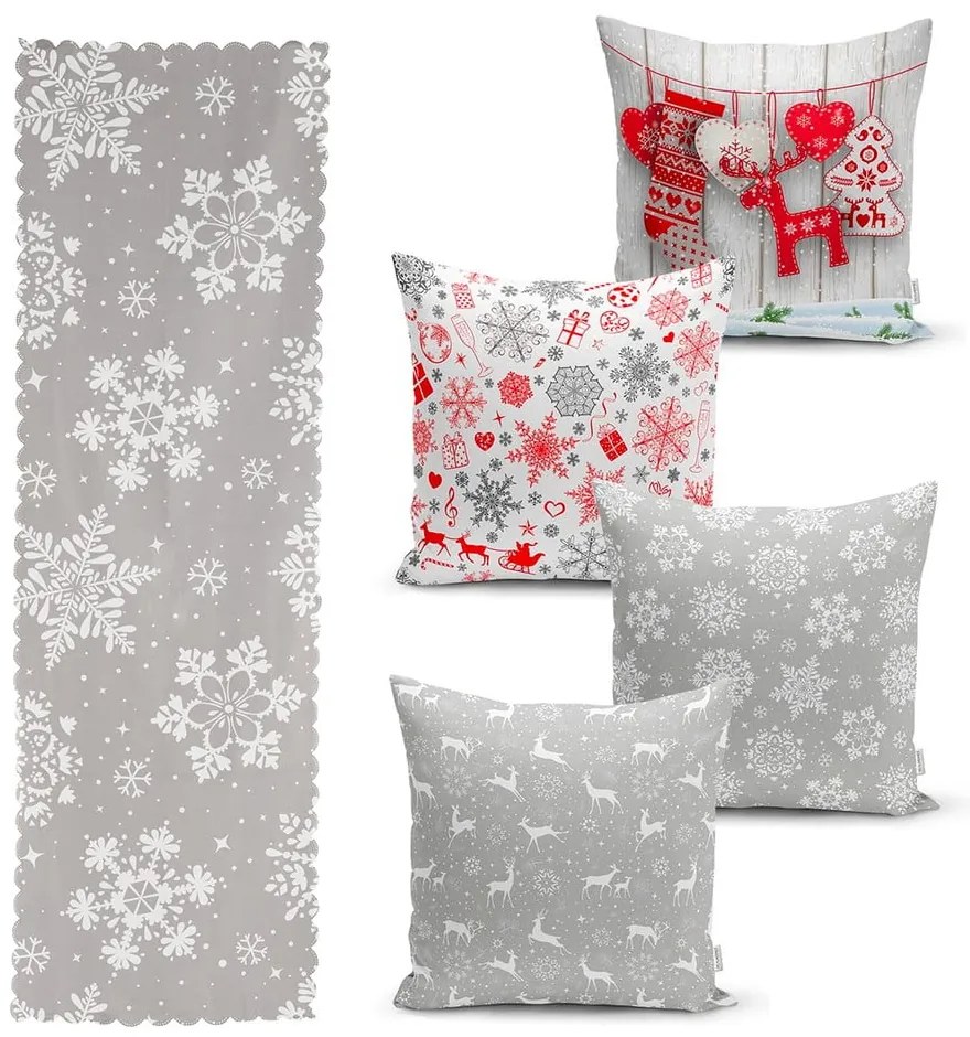 Set 4 fețe de pernă și un napron de masă cu model de Crăciun Minimalist Cushion Covers Snowflakes