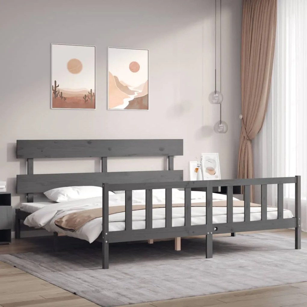 vidaXL Cadru pat cu tăblie 200x200 cm, gri, lemn masiv