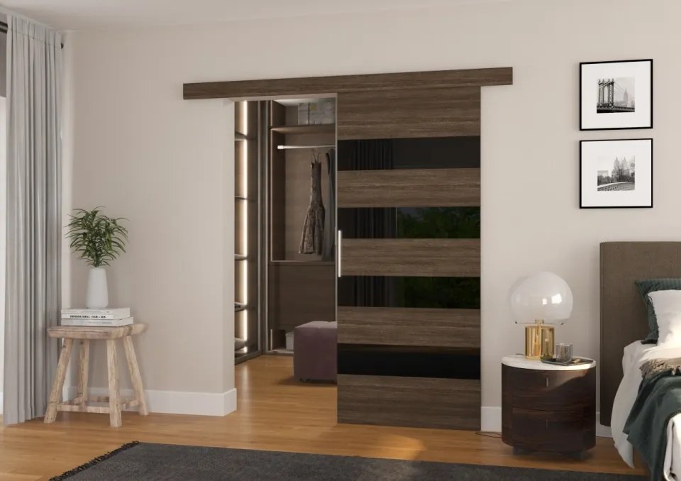 Usa glisanta, 86x205 cm, Milou, ADRK Furniture (Latime: 86 cm, Culoare: Ciocolata /Negru Lacobel)