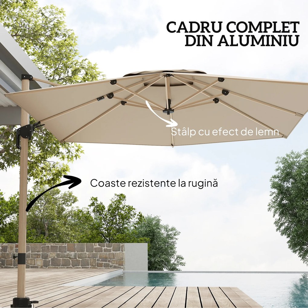 Outsunny Umbrelă de Grădină Suspendată Înclinabilă cu Bază în Cruce UPF50+, Kaki | Aosom Romania