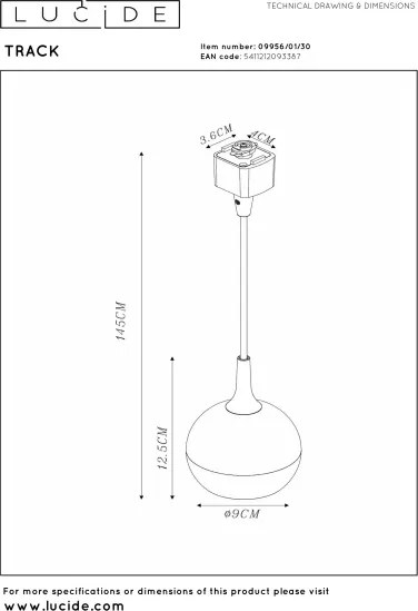 Lucide 09956/01/30 -Lampă suspendată pe cablu pentru sistemul de șine TRACK 1xG10/M16/50W/230V