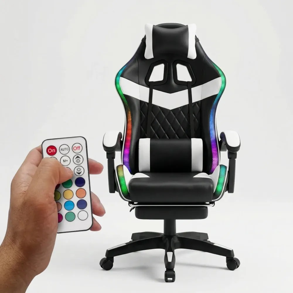 Scaun gaming, sistem iluminare bandă LED RGB, masaj în perna lombară, suport picioare, Negru/Alb