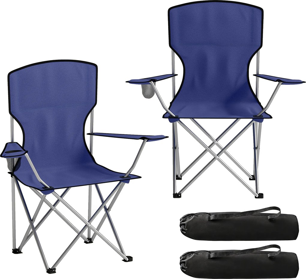 Outsunny Set de 2 scaune de camping pliabile cu suport pentru pahar, husă de transport, spătar înalt, 88x57x97cm, Albastru închis | Aosom Romania