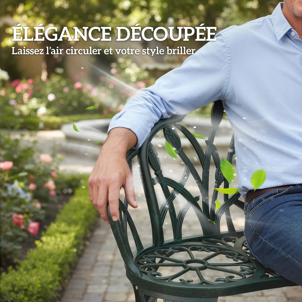 Outsunny Banc de grădină din aluminiu turnat, banc exterior 2 locuri cu spătar lalea, șezut floral, 99x57x78cm, vert antique | Aosom Romania