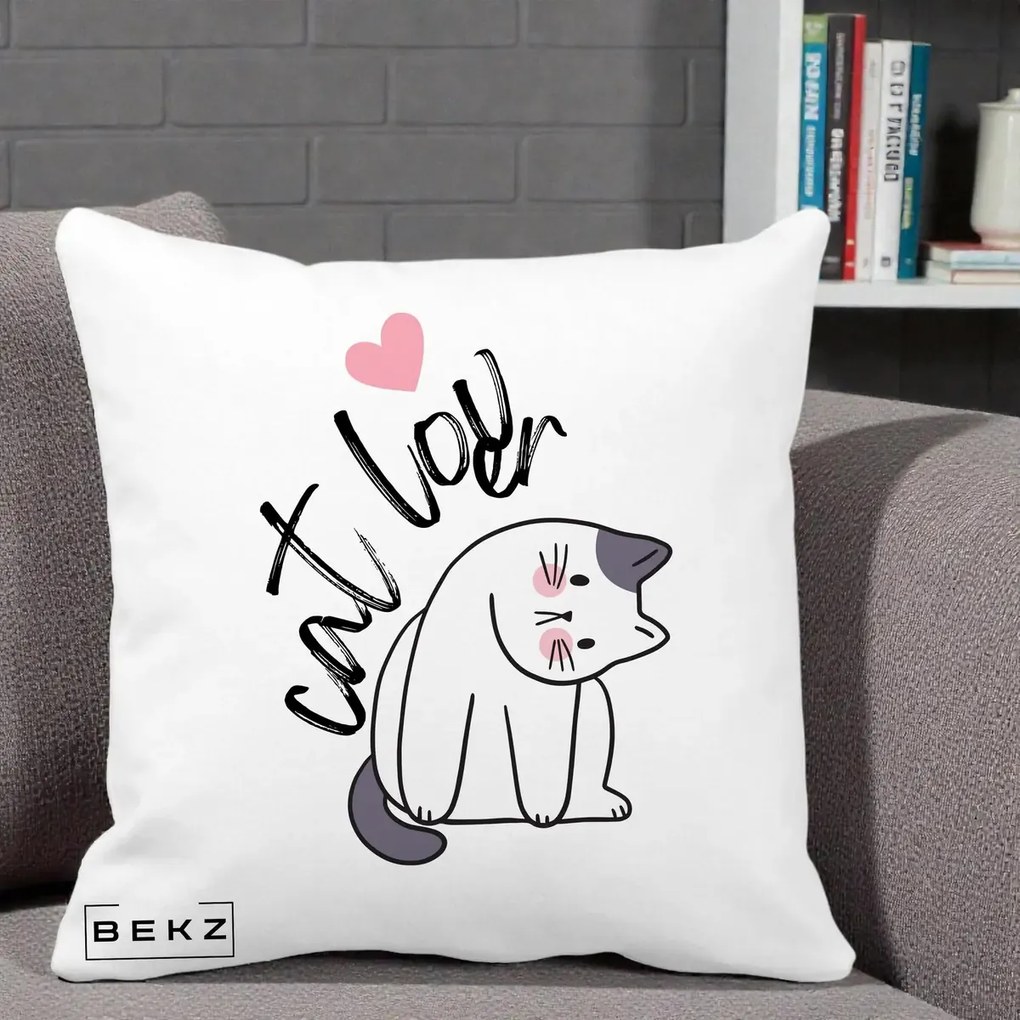 Perna Personalizata Cat Lover Pisica Ilustratie Linie, 40x40 cm, Alba Mata, Husa Detasabila, Perna Inclusa, BEKZ®