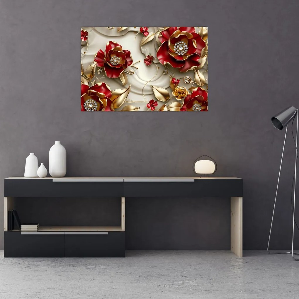 Tablou - Flori 3D Roșu-Auriu (90x60 cm)