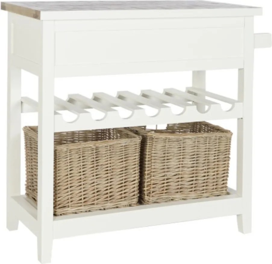 Consolă hol shabby chic din lemn de paulownia, alb, cu 2 sertare, raft pentru sticle, raft jos și blat gri, 80,5 x 88 x 38 cm, „Vinara”