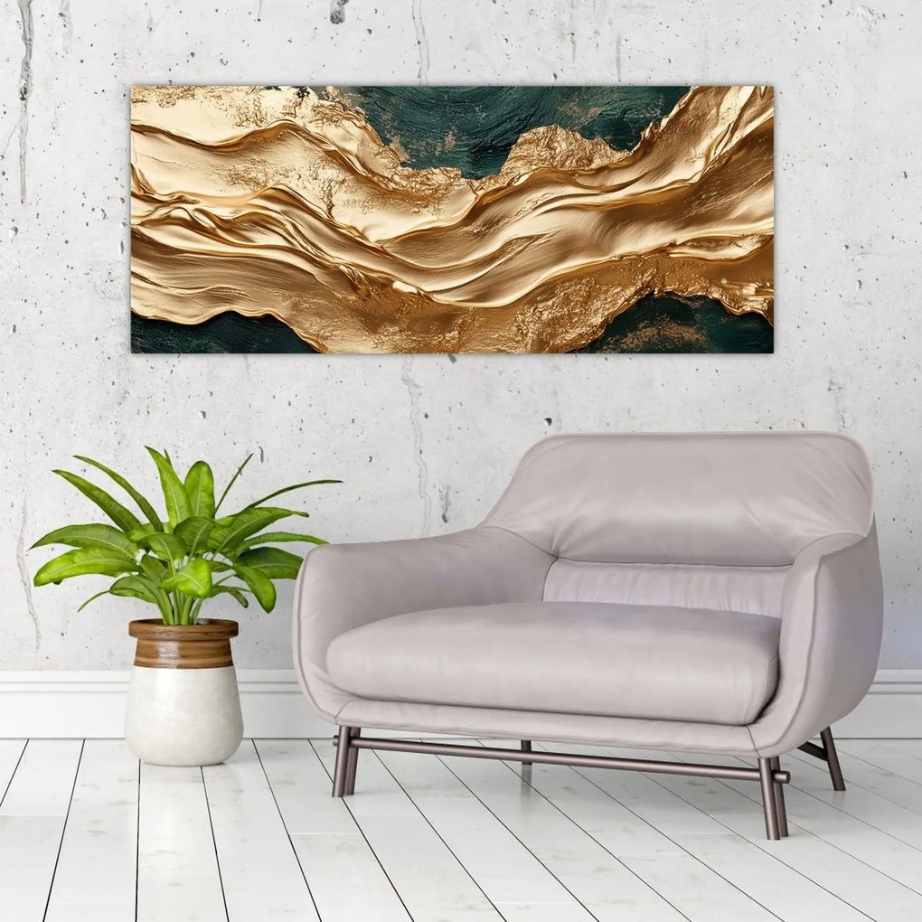 Tablou - Abstracție verde cu auriu II. (120x50 cm)