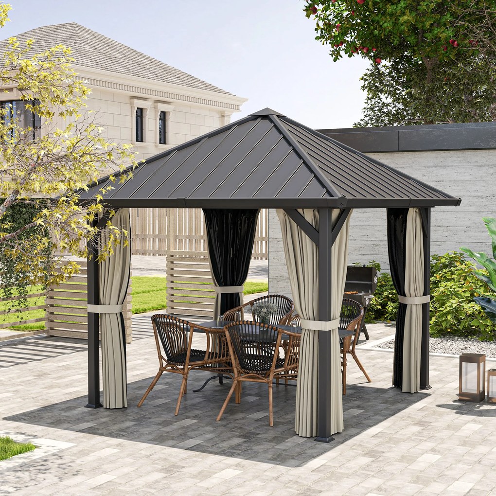 Outsunny Pavilion cu acoperiș solid 3 x 3 m, pavilion de grădină cu acoperiș metalic, cort de grădină impermeabil cu plasă și pereți laterali, Gri închis | Aosom Romania