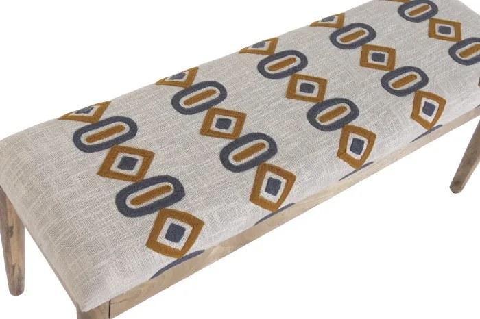 Banchetă tapițată pentru hol din bumbac ikat brodat manual și lemn masiv de mango, 113×35×45 cm, „Dakar"
