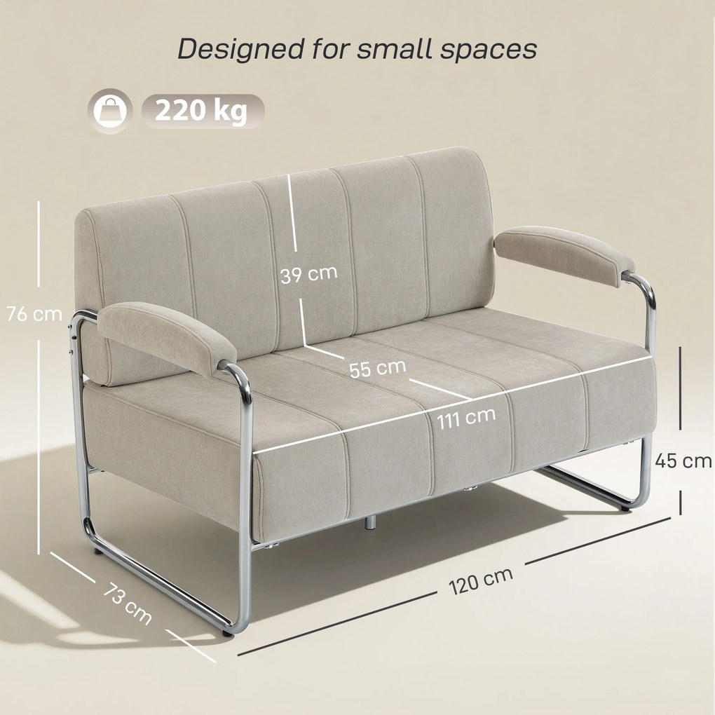 HOMCOM Canapea cu 2 Locuri Tapițată în Chenille cu Cusături Duble, Canapea Modernă cu Brațe și Picioare din Oțel, pentru Living, Birou și Dormitor, 120x73x76 cm, Bej | Aosom Romania