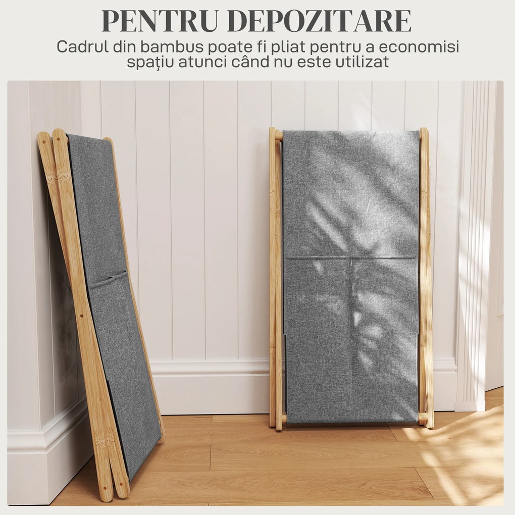 HOMCOM Coș Pliabil pentru Rufe 55L din Material Textil și Cadru din Bambus pentru Cameră și Spălătorie, 41x41x64 cm, Gri | Aosom Romania