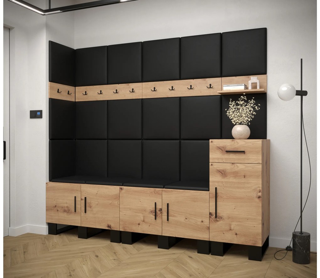 Set mobilier pentru hol Amanda 9 (Stejar artisan + piele ecologică Negru). 1085937