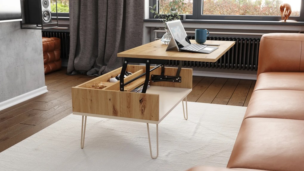Mazzoni HAIRPIN S-90 Stejar Artisan/Bej (Șampanie) - MASĂ DE CAFEA MODERNĂ MASĂ CU BLAT RIDICAT + COMPARTIMENT + RAFT