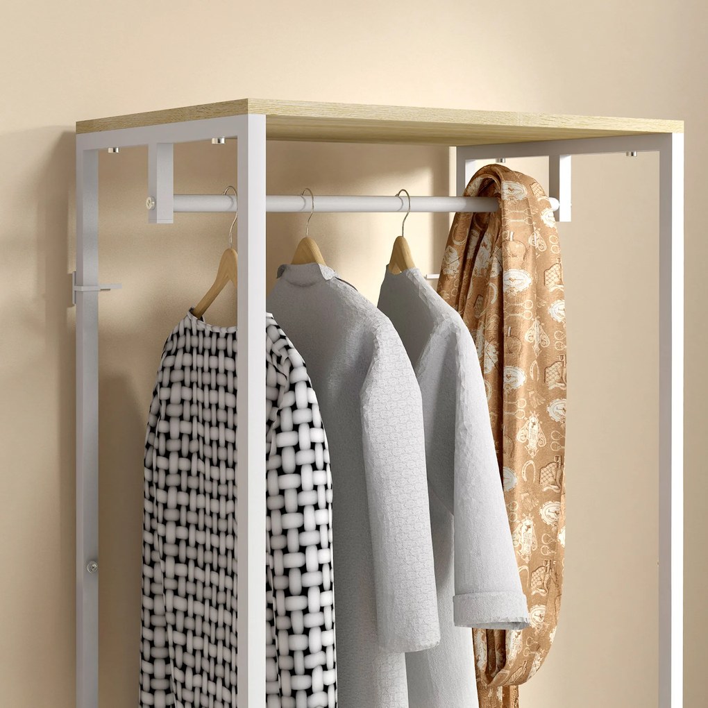 HOMCOM Portmanta cu șină și 2 rafturi pentru pantofi 60L x 40l x 167,5H cm Aspect de lemn deschis și metal alb | Aosom Romania