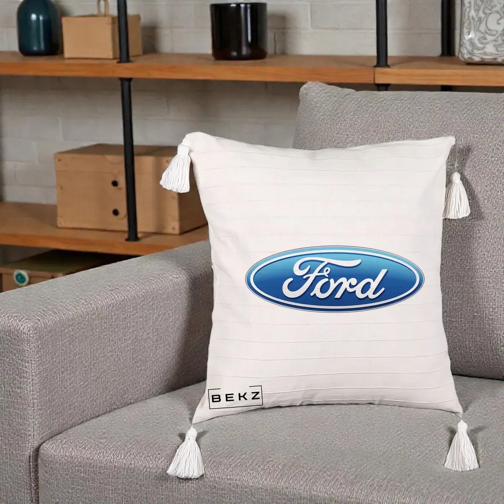 Perna Personalizata cu emblema Ford, 40x40 cm, Bej cu Franjuri, Husa Detasabila, Perna Inclusa, BEKZ®