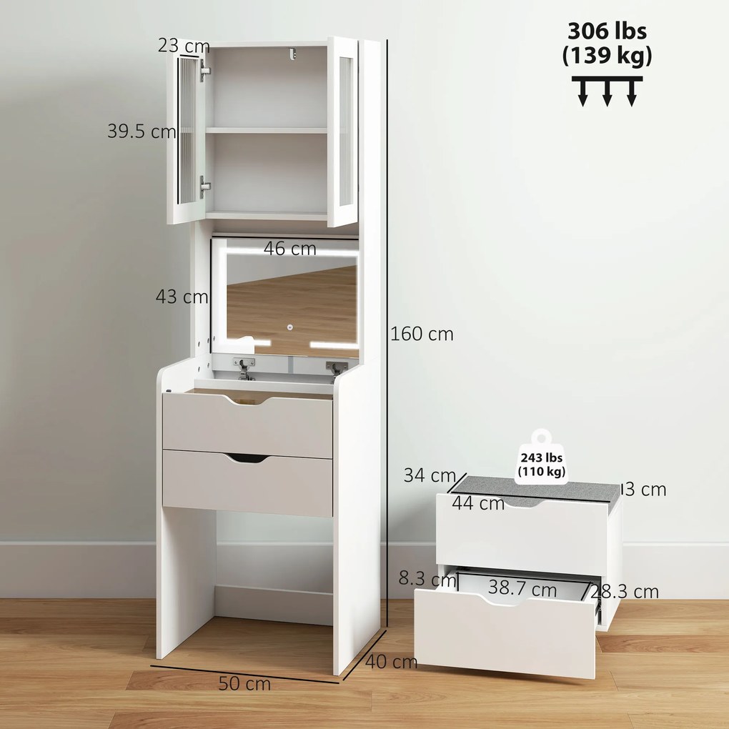 HOMCOM Stație de Machiaj cu Lumini LED în 3 Culori, Oglindă Rabatabilă, Scaun Ascuns, Măsuță de Machiaj cu Scaun Îmbunătățit, 3 Sertare, Compartiment, Dulap cu Uși din Sticlă, Modern, Alb | Aosom Romania