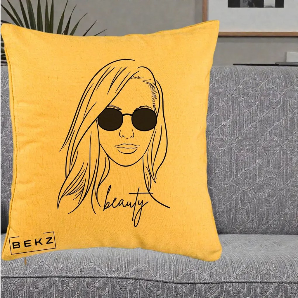 Perna Decorativa Beauty Girl Line Art, 40x40 cm, Galben, Husa Detasabila, Perna Inclusa, BEKZ®