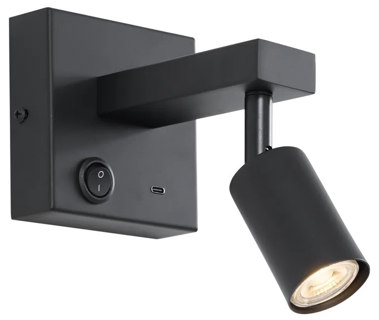 Lampă de perete modernă neagră cu USB-C înclinabilă - Rex
