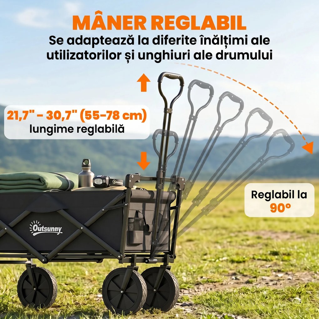 Outsunny Cărucior Pliabil de Exterior cu Copertină Detașabilă, Rezistent pentru Grădină și Camping, cu Maner Telescopic | Aosom Romania