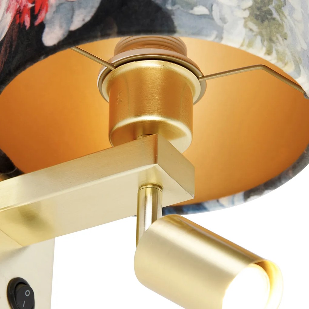 Aplică de perete din alamă cu lampă de citit și abajur 18 cm flori - Brescia