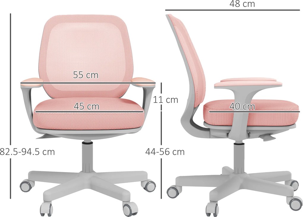 Vinsetto Scaun Birou Roz Respirabil cu Inaltime Reglabila Scaun Rabatabil cu 5 Roti cu Inclinare 55x48x82.5-94.5 cm | Aosom Romania