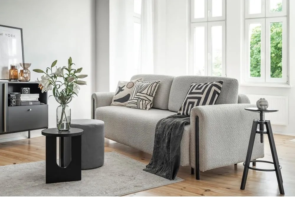 Canapea gri deschis extensibilă/cu spațiu de depozitare cu tapițerie din țesătură bouclé 244 cm Arcadova – ELTAP