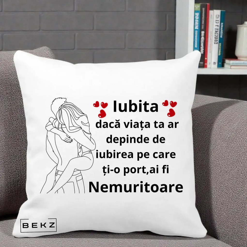 Cadou pentru Iubita - Perna Personalizata Iubita Nemuritoare cu Cuplu Line-Art si Inimi Rosii, 40x40 cm, Alba Mata, Husa Detasabila, Perna Inclusa, BEKZ®