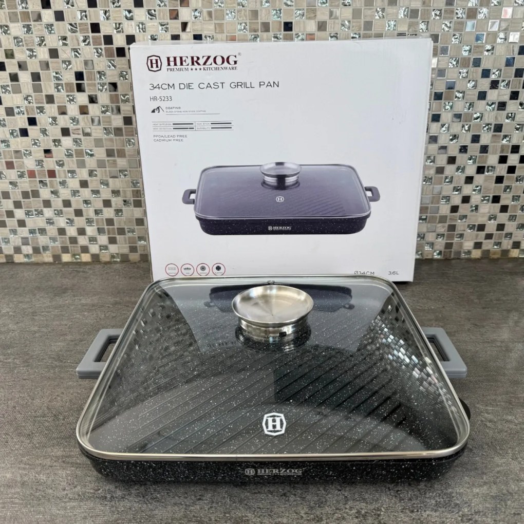 Tava marmorata grill cu capac, 34 CM, patrata, Herzog HR 5233