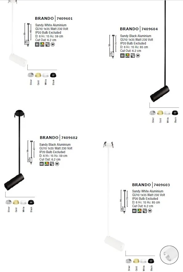 Spot directionabil, incastrabil tavan fals BRANDO negru, H-59cm