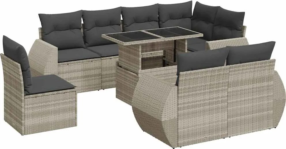 vidaXL Set canapele de grădină cu perne, 9 piese gri deschis poliratan