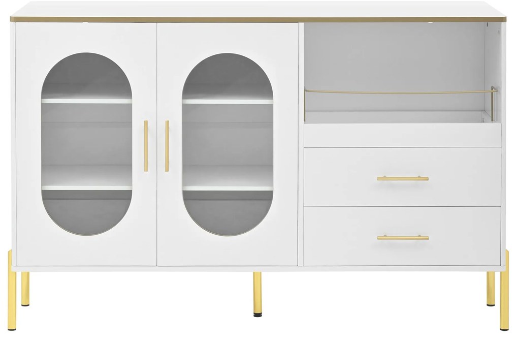 Comodă cu 2 sertare și 2 uși din sticlă, spațiu generos de depozitare, 140x38x90 cm, Alb