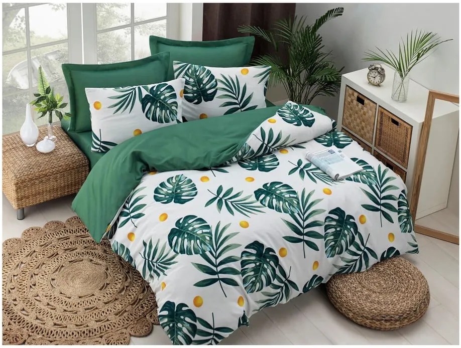 Lenjerie și cearșaf din amestec de bumbac pentru pat dublu Monstera Green, 200 x 220 cm