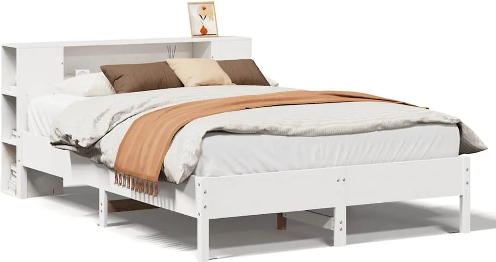 vidaXL Pat cu bibliotecă fără saltea, alb, 140x190 cm, lemn masiv pin