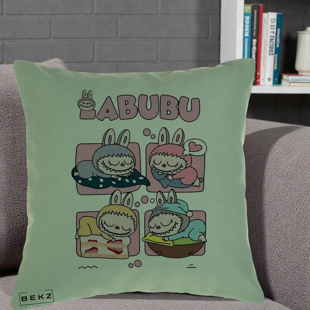 Perna Personalizata Labubu Sleeping Quad Grid, 40x40 cm, Verde, Husa Detasabila, Perna Inclusa, BEKZ®