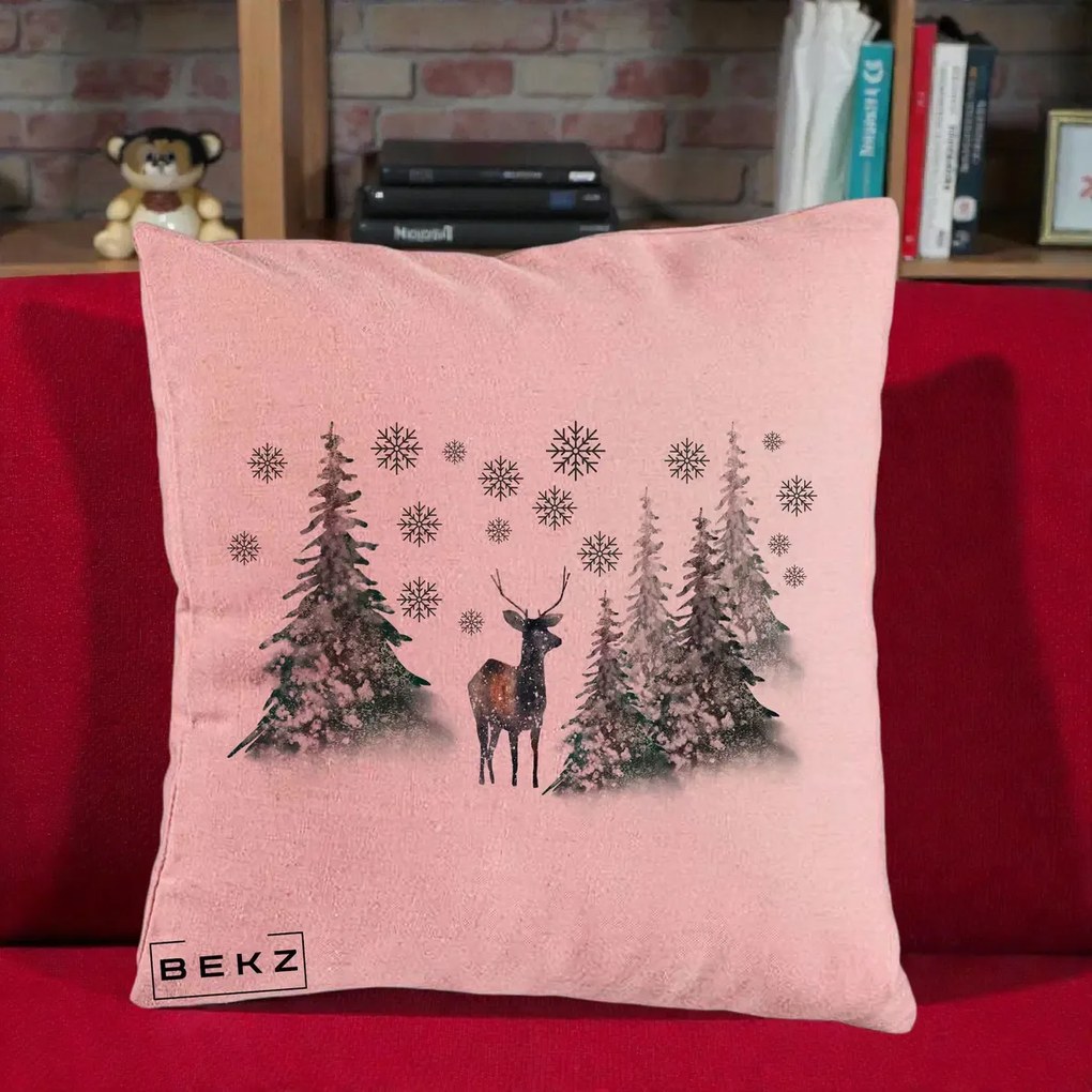 Perna Decorativa Ren in Padure Inzapezita, 40x40 cm, Roz, Husa Detasabila, Perna Inclusa, BEKZ®