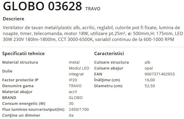 Lustra LED cu ventilator si telecomanda design modern Kello alb