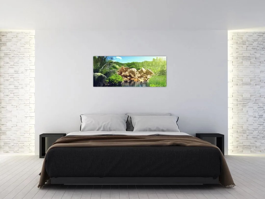 Tablou cu lac în jungla din Seychelles (120x50 cm)