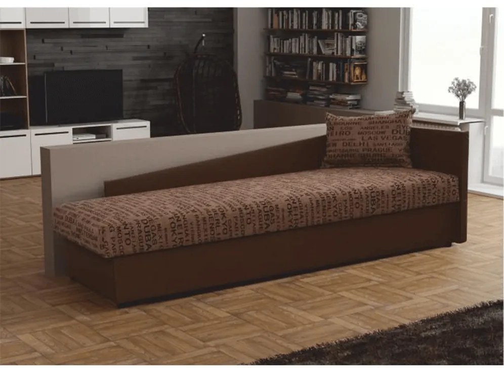 Pat cu spaţiu pentru depozitare, piele eco maro/material cu imprimeu, dreapta, JUDIT